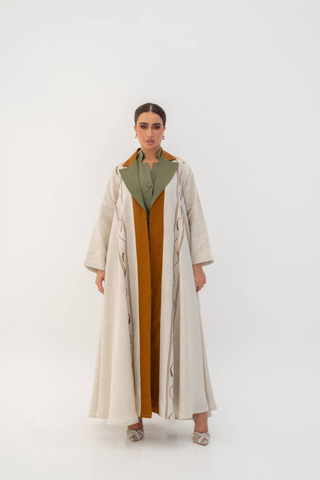 Beige linen abaya with embroidery (1707)