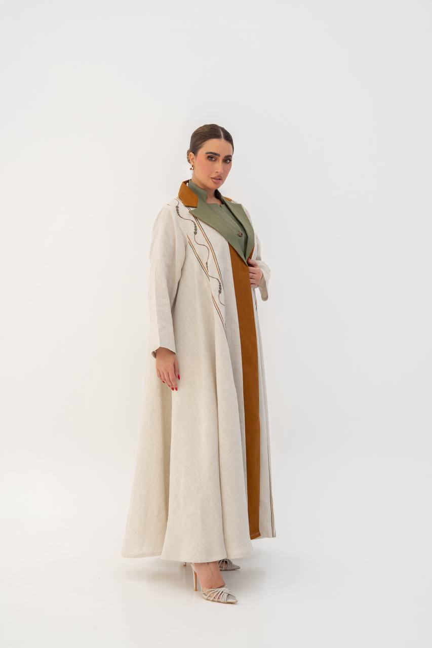 Beige linen abaya with embroidery (1707)