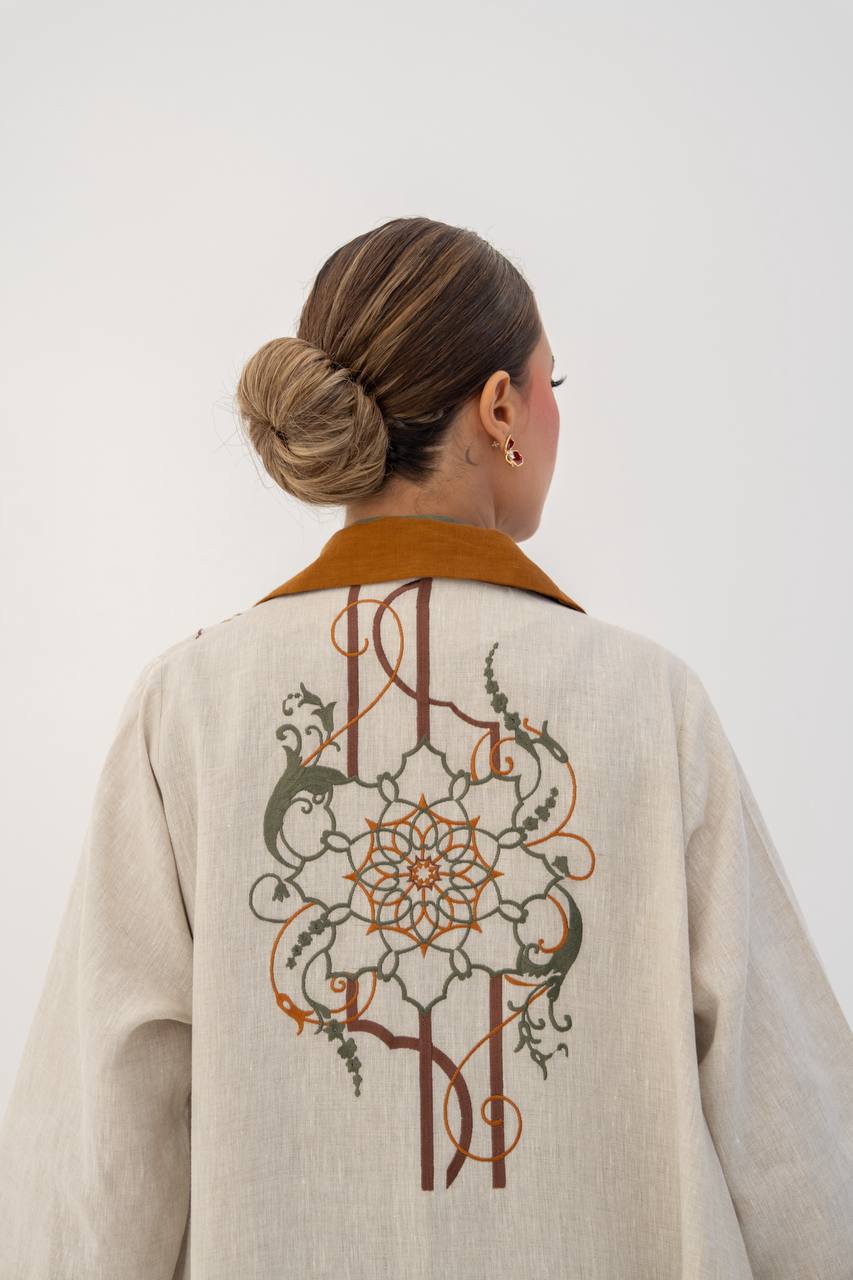 Beige linen abaya with embroidery (1707)