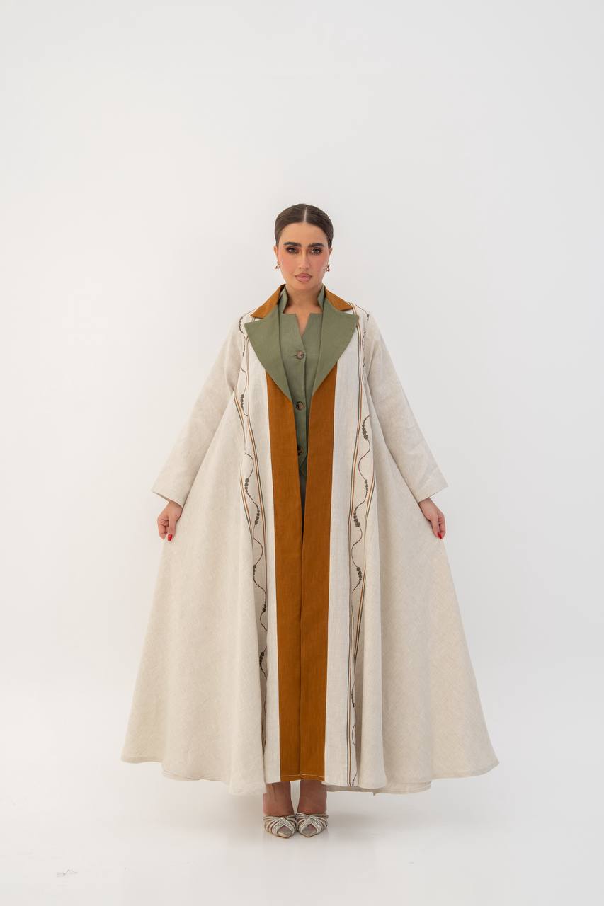Beige linen abaya with embroidery (1707)