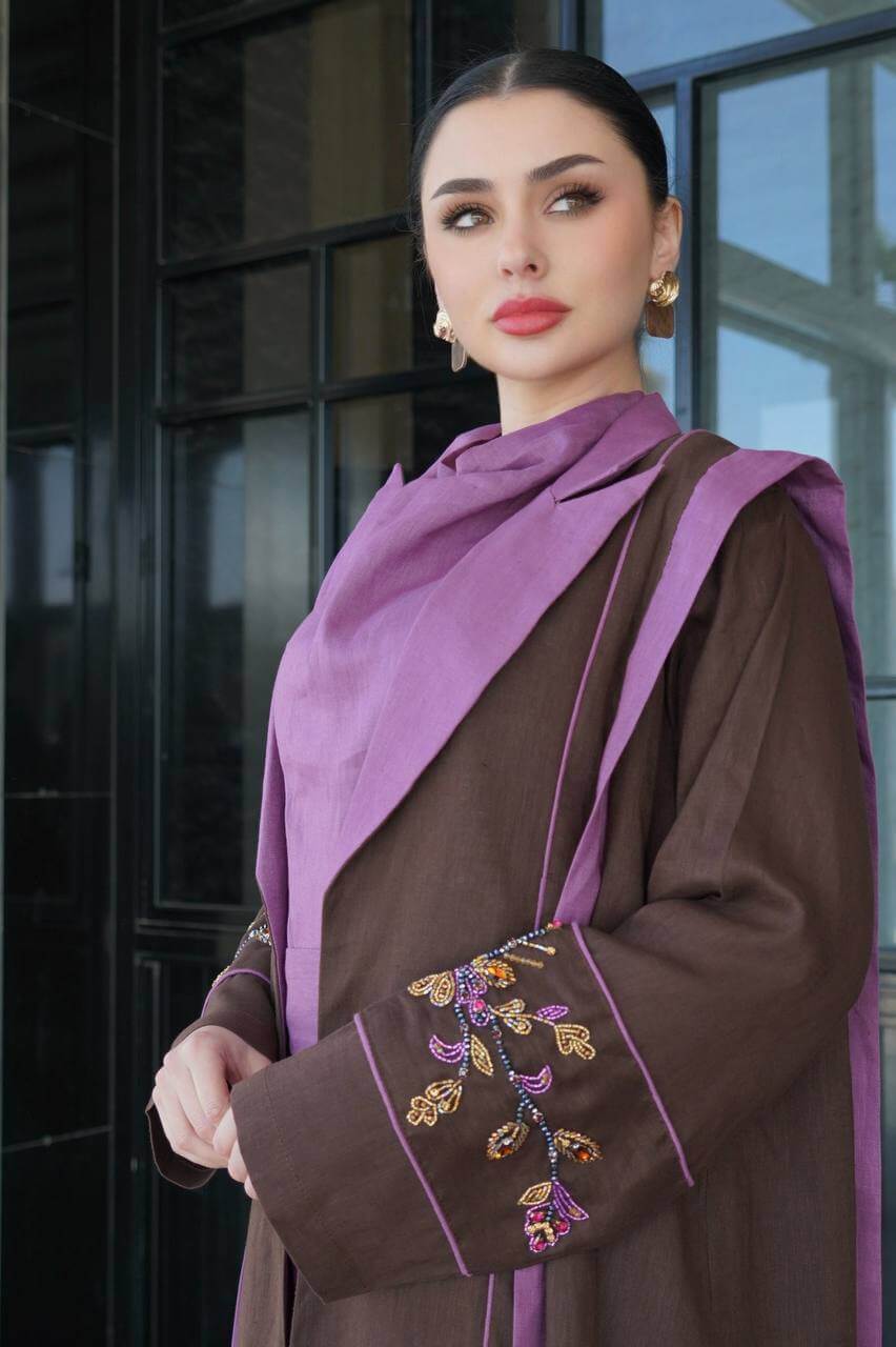 Brown linen blazer abaya with embellishment