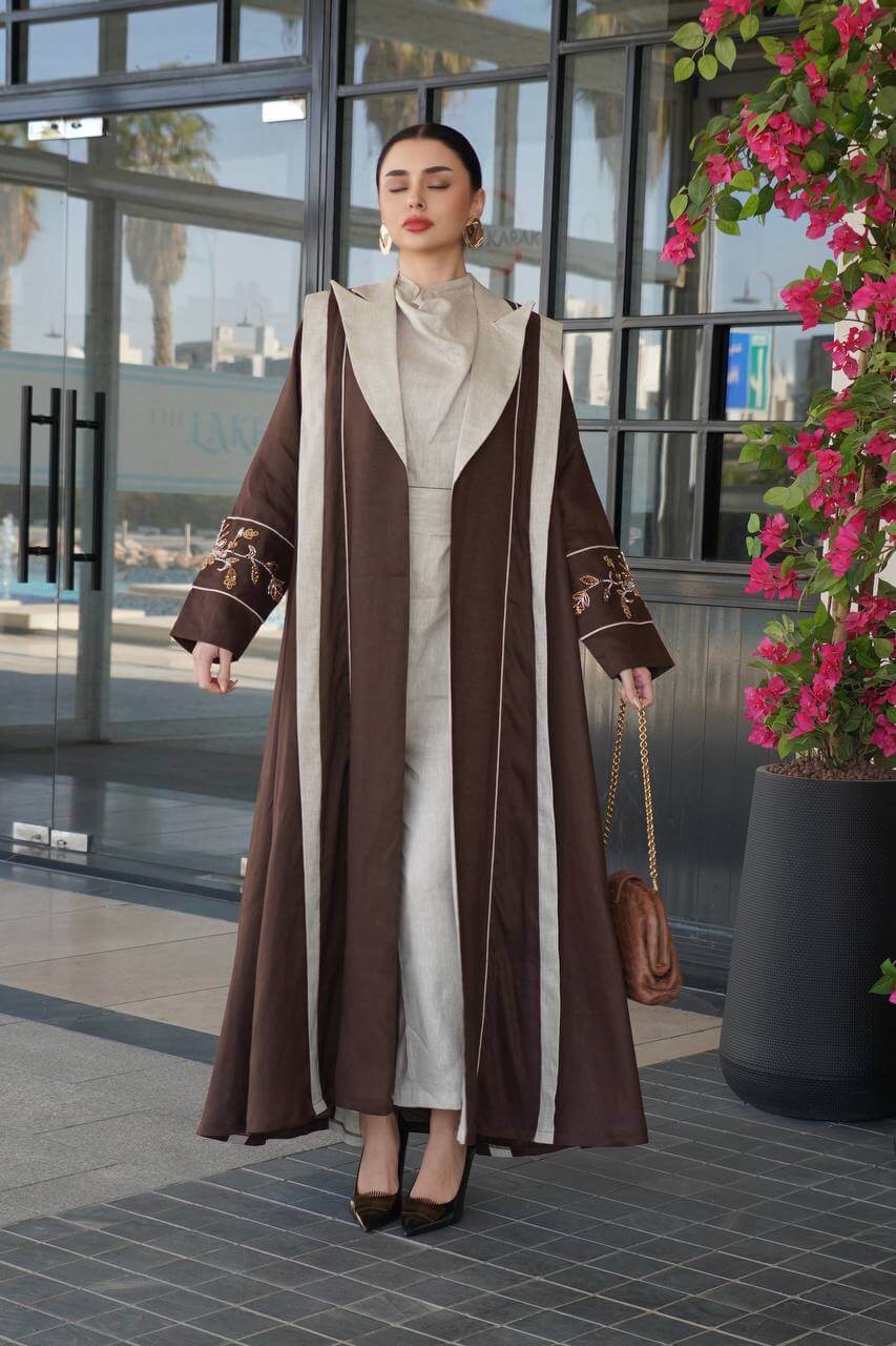 Brown linen blazer abaya with hand-stitched details
