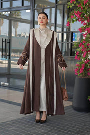 Brown linen blazer abaya with hand-stitched details