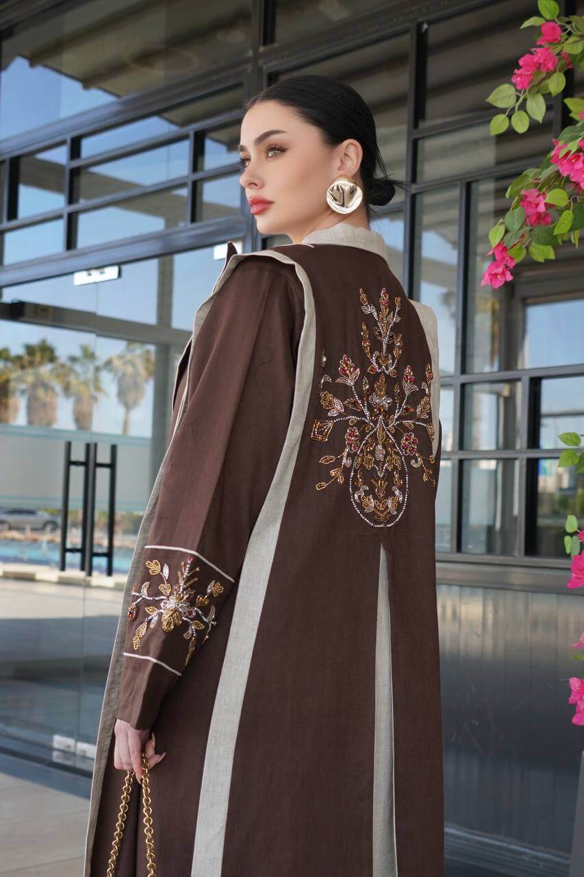 Brown linen blazer abaya with hand-stitched details