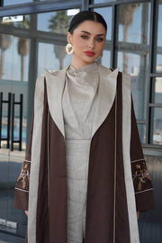 Brown linen blazer abaya with hand-stitched details