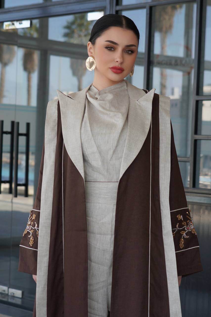 Brown linen blazer abaya with hand-stitched details