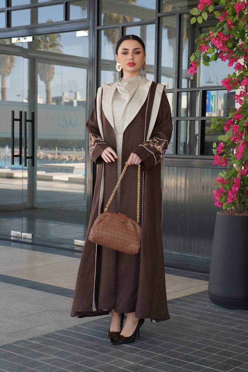 Brown linen blazer abaya with hand-stitched details