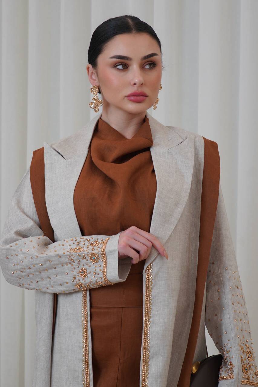 Beige linen blazer abaya with hand-stitched details