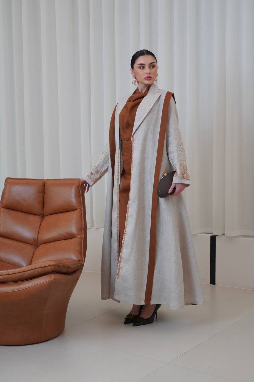 Beige linen blazer abaya with hand-stitched details