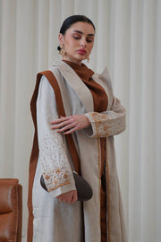 Beige linen blazer abaya with hand-stitched details