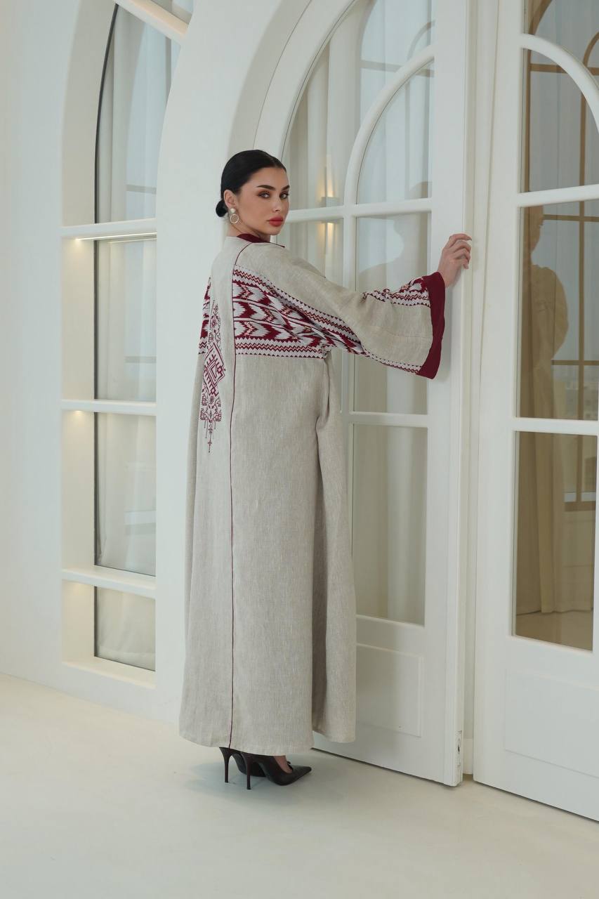 Beige linen abaya with embroidery