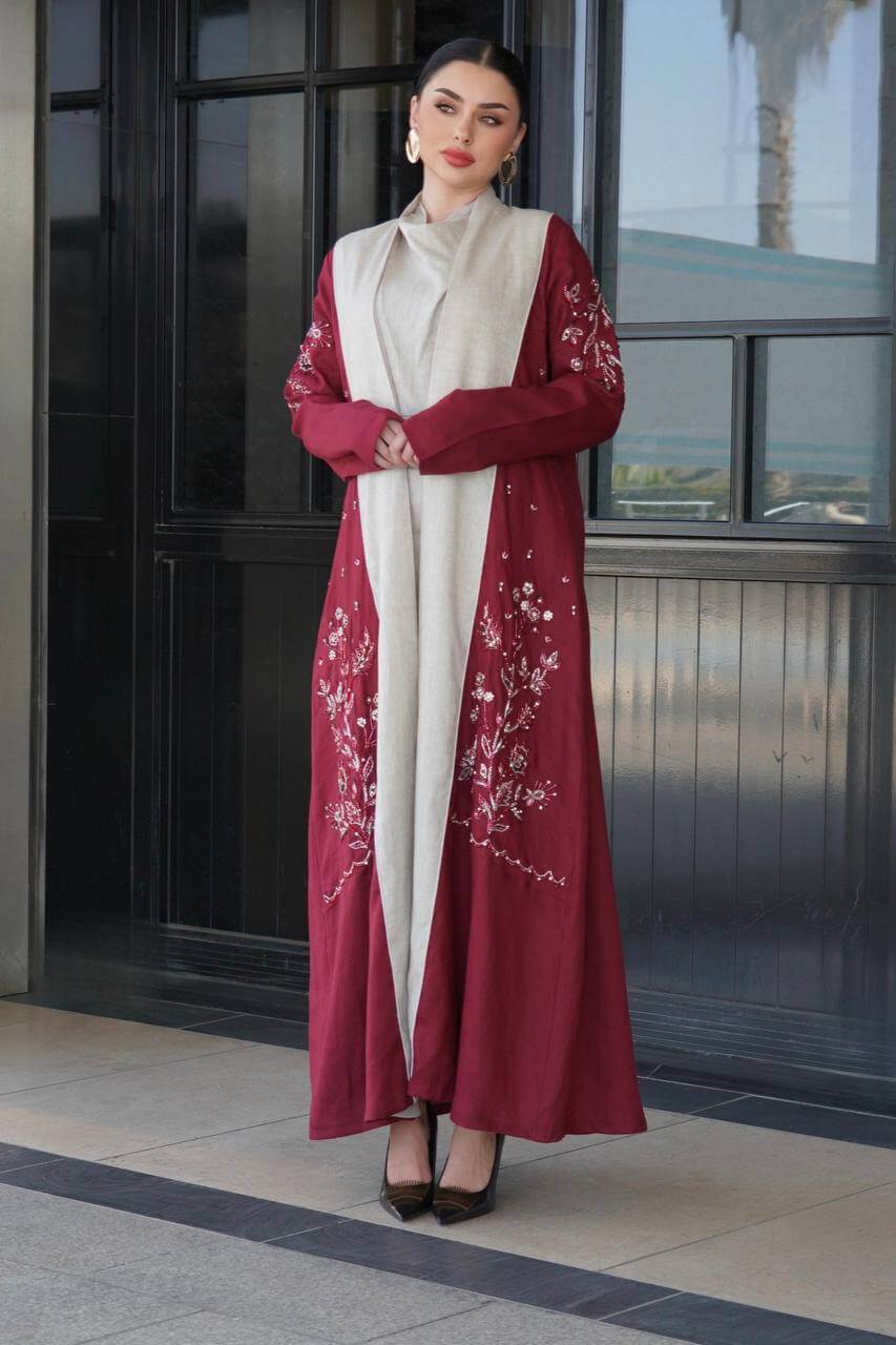 Burgundy linen abaya with hand-stitched details