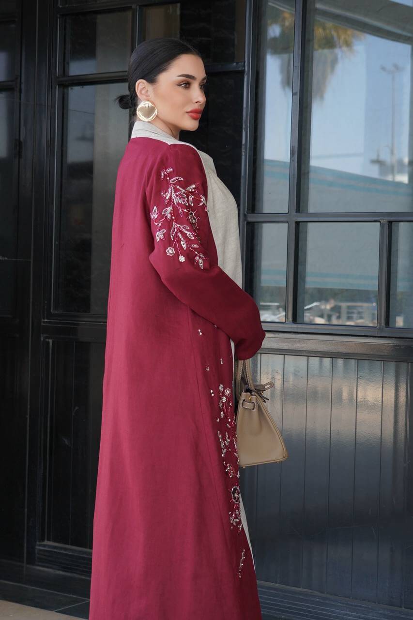 Burgundy linen abaya with hand-stitched details