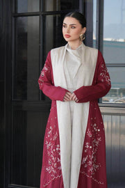 Burgundy linen abaya with hand-stitched details