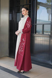 Burgundy linen abaya with hand-stitched details