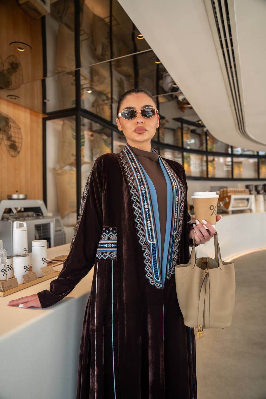 Brown velvet abaya with embroidery