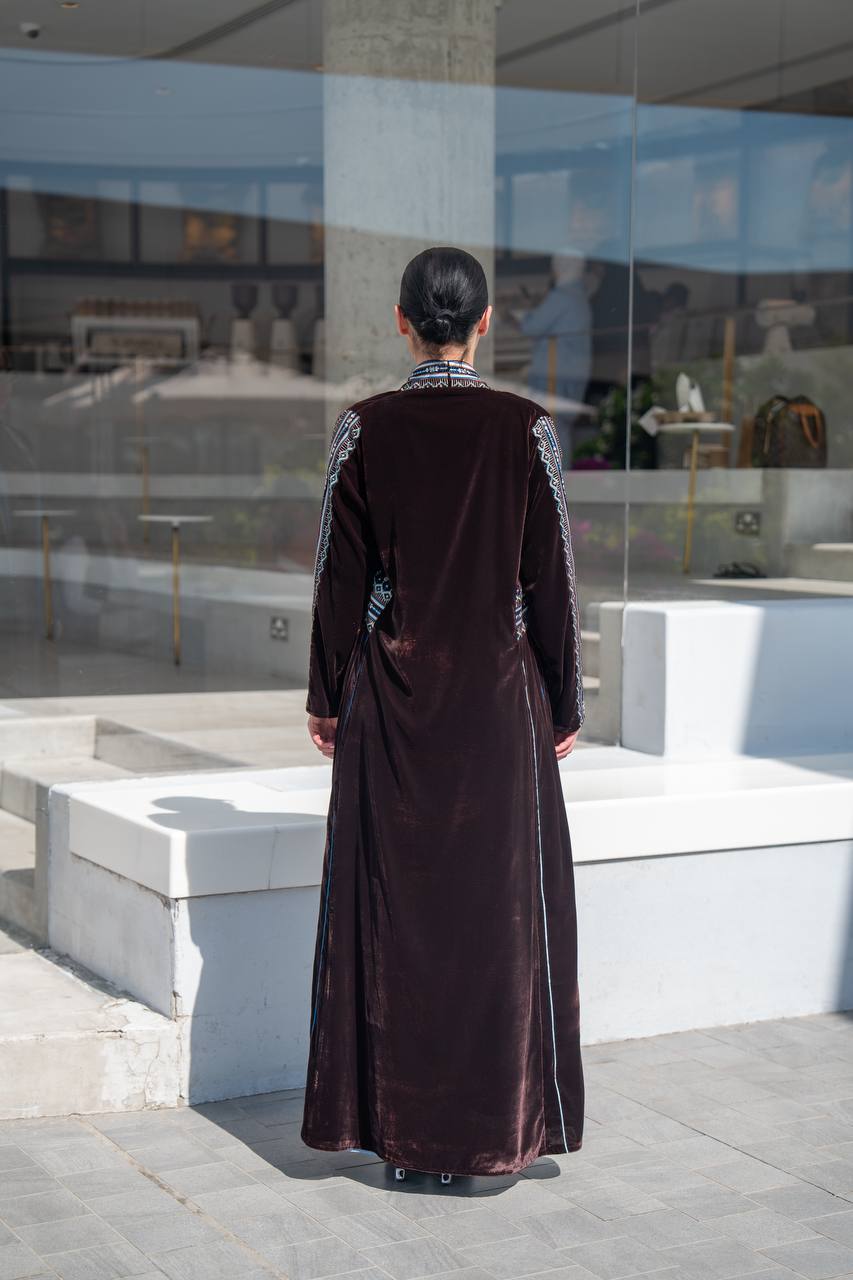 Brown velvet abaya with embroidery