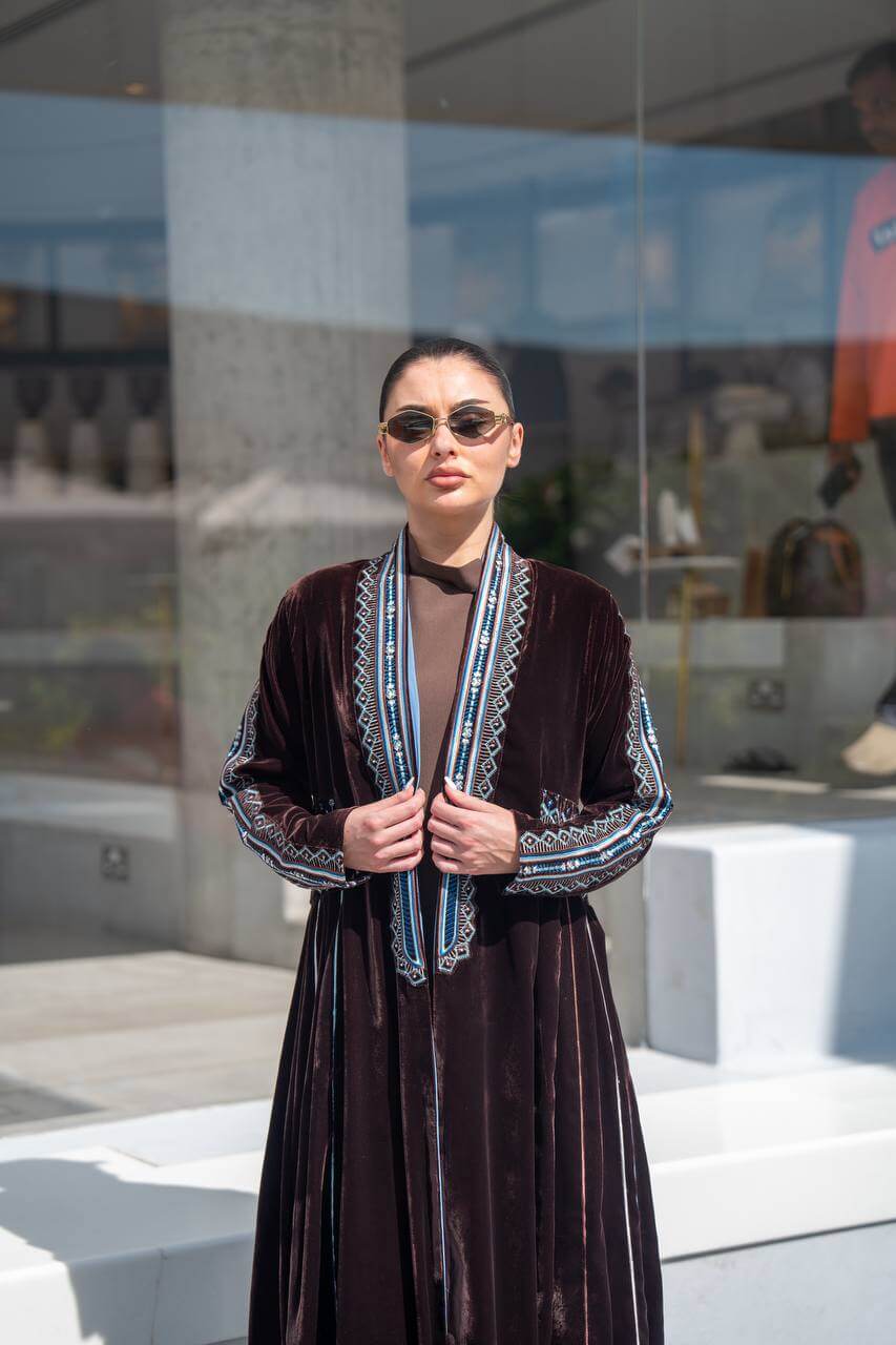 Brown velvet abaya with embroidery