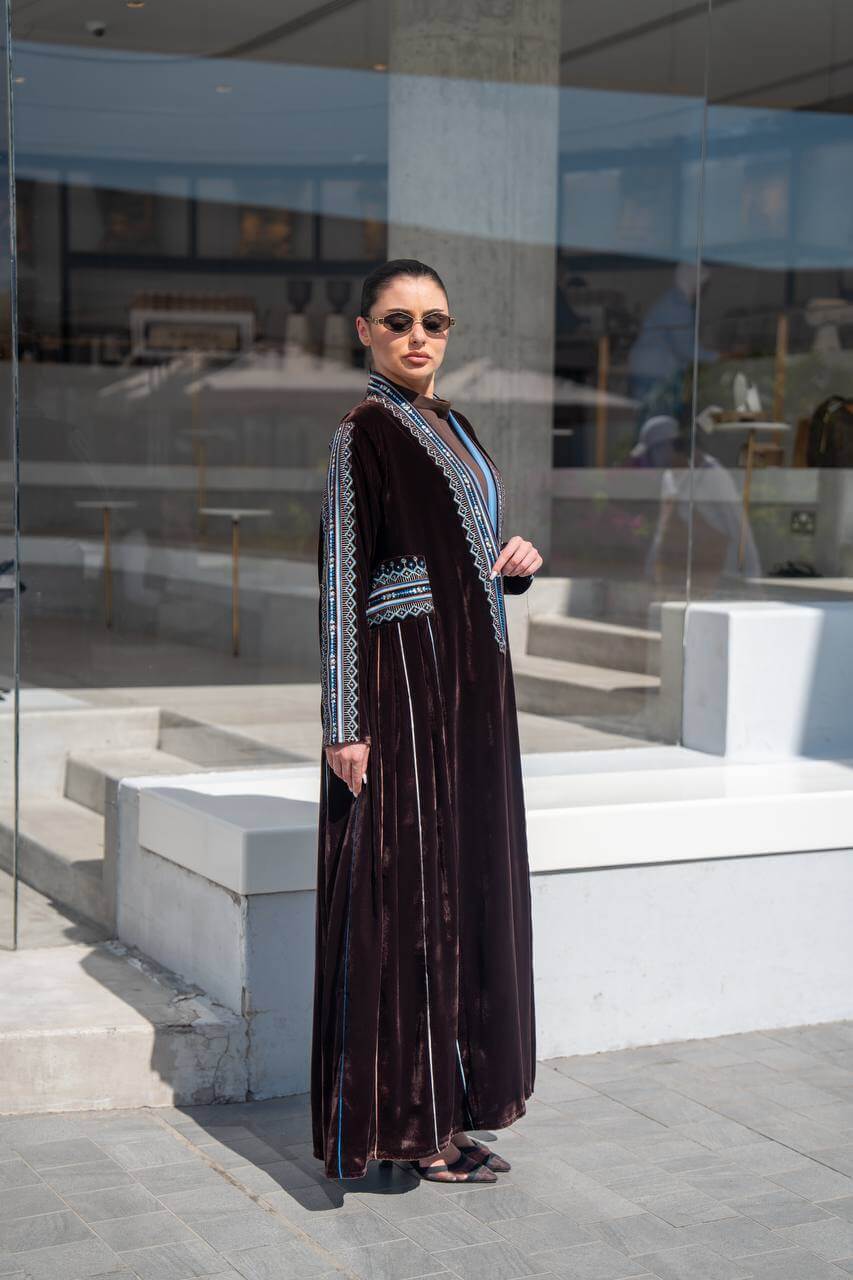 Brown velvet abaya with embroidery
