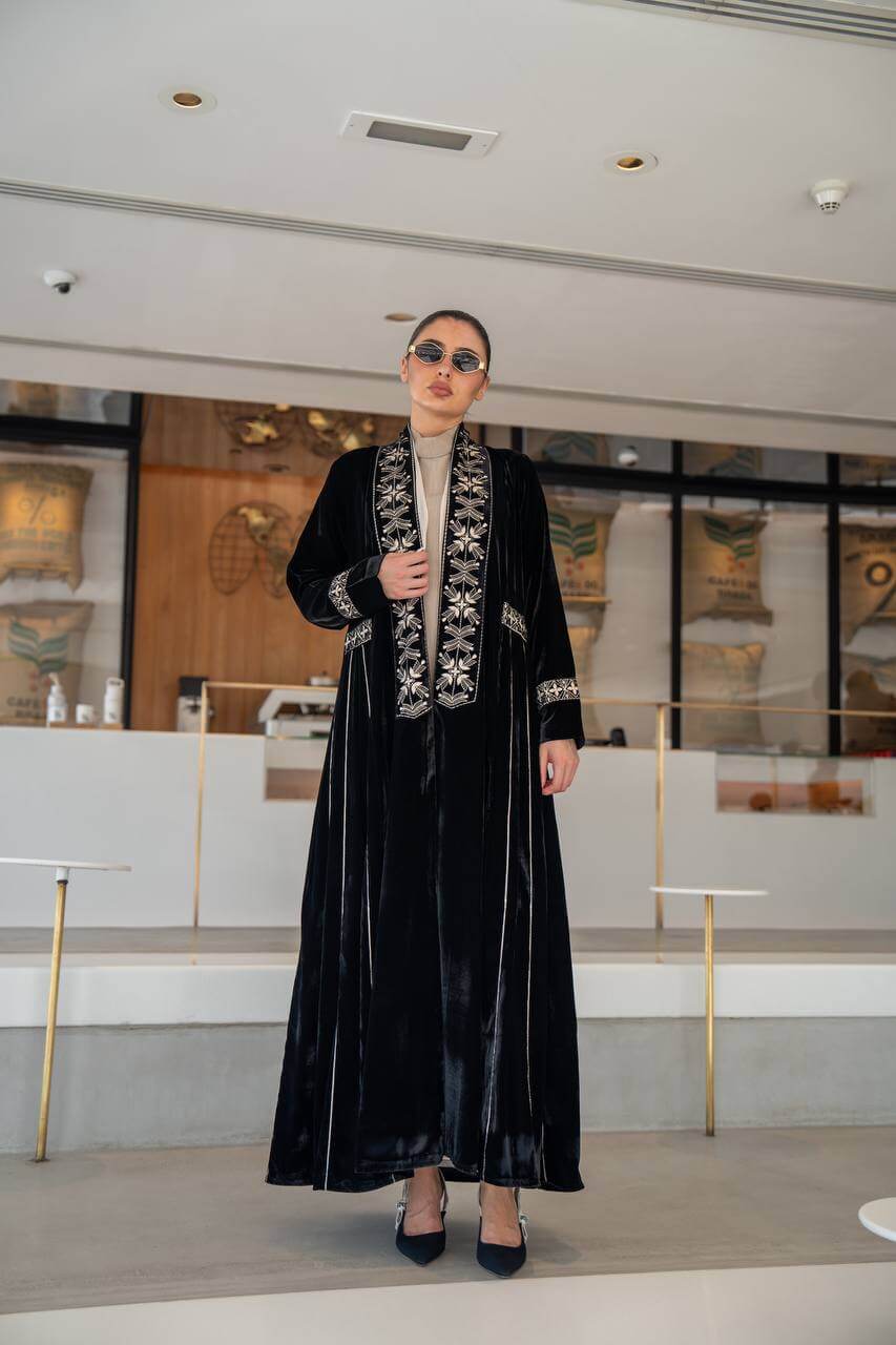 Black velvet abaya with embroidery