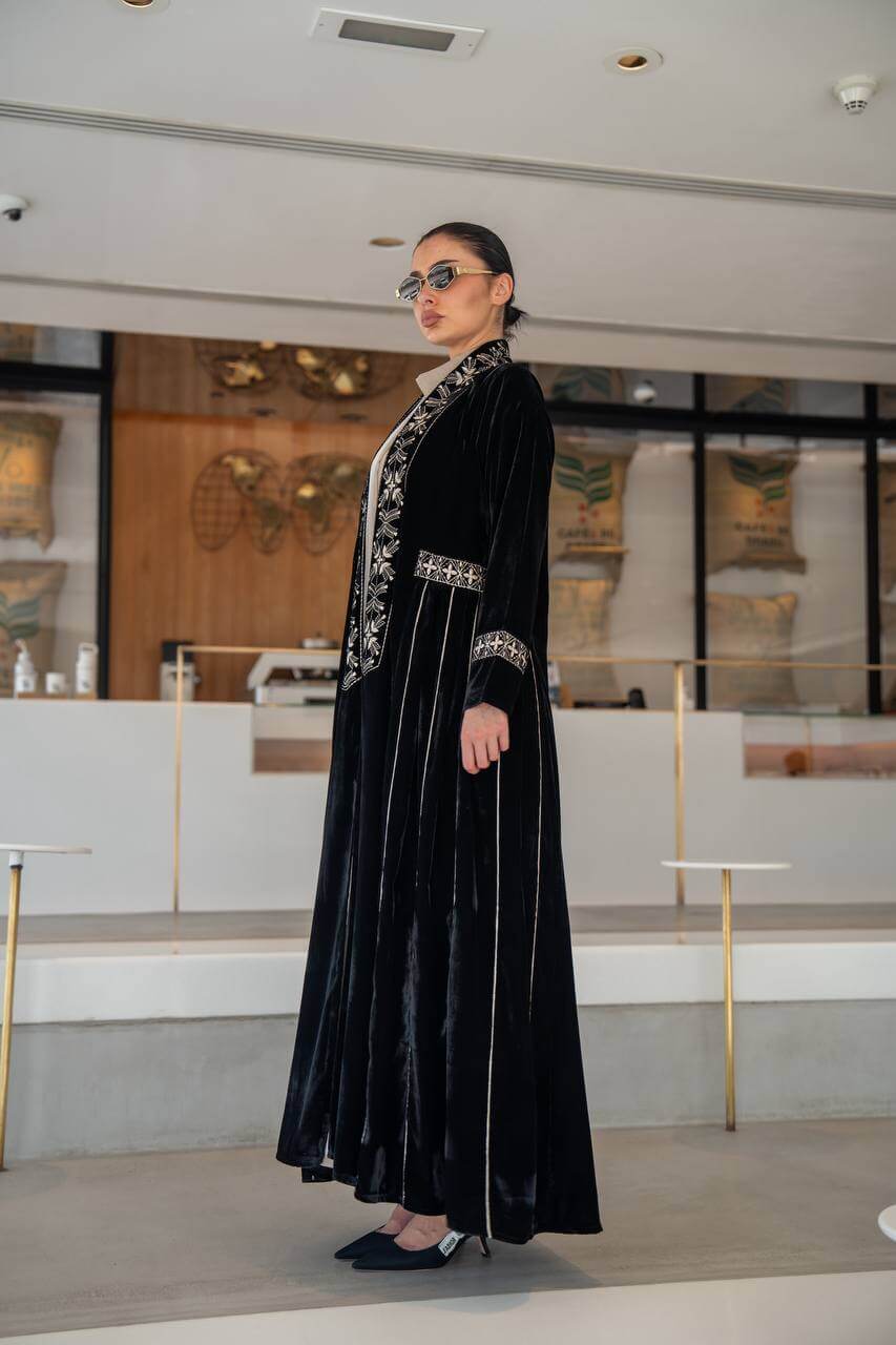 Black velvet abaya with embroidery