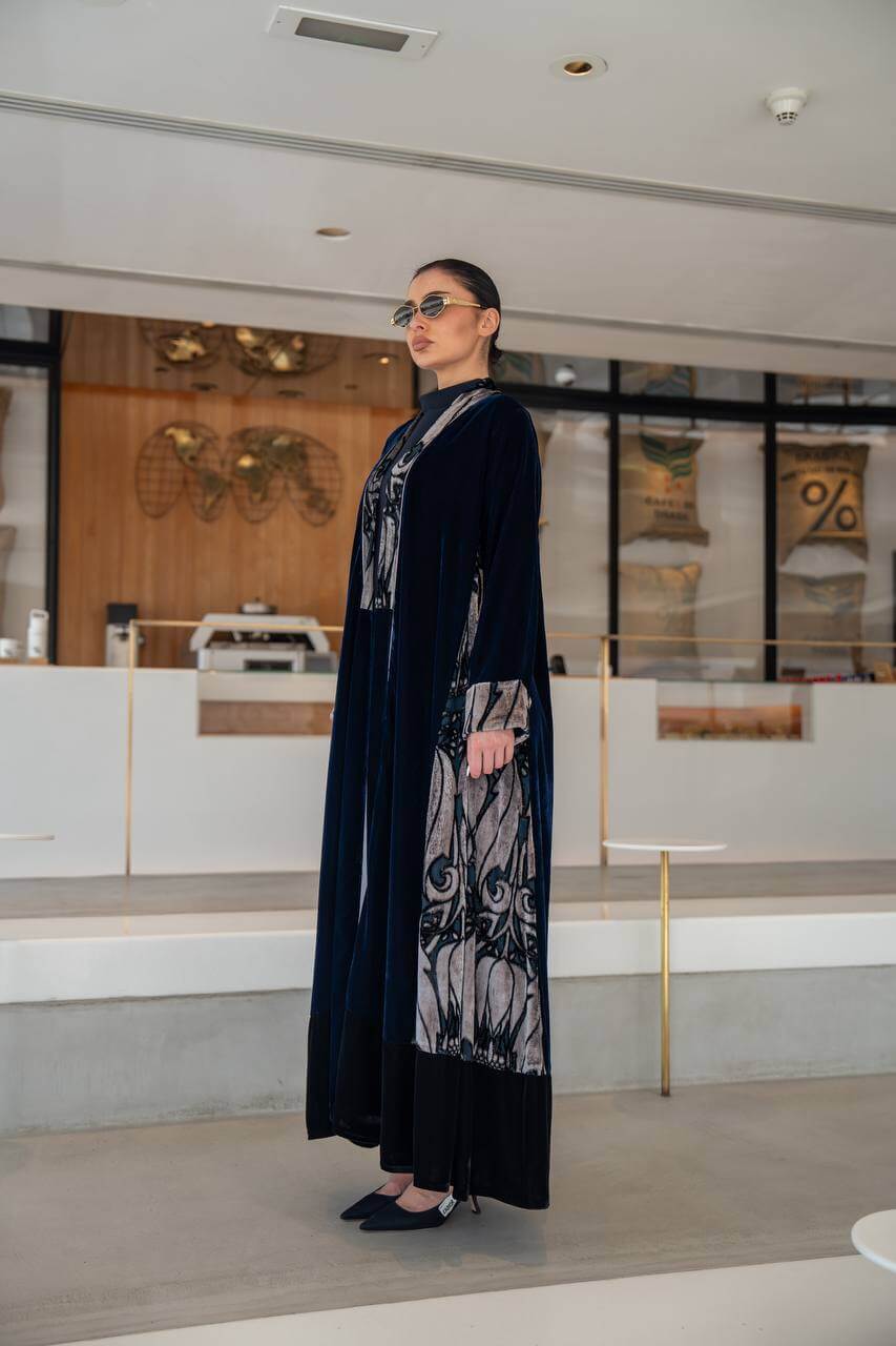 Navy blue Plain velvet abaya with patterned velvet