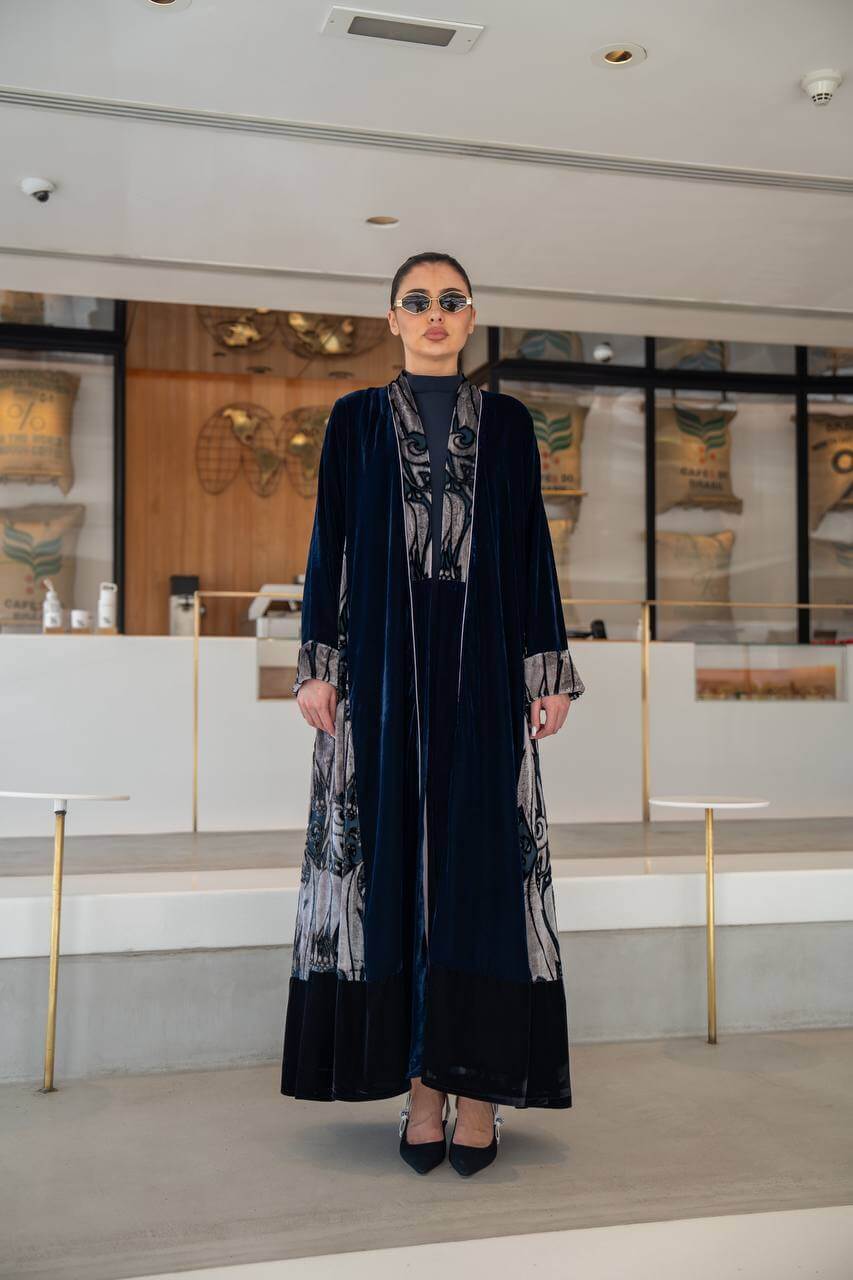 Navy blue Plain velvet abaya with patterned velvet