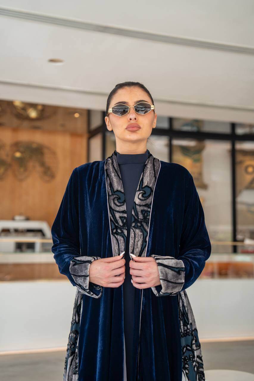 Navy blue Plain velvet abaya with patterned velvet