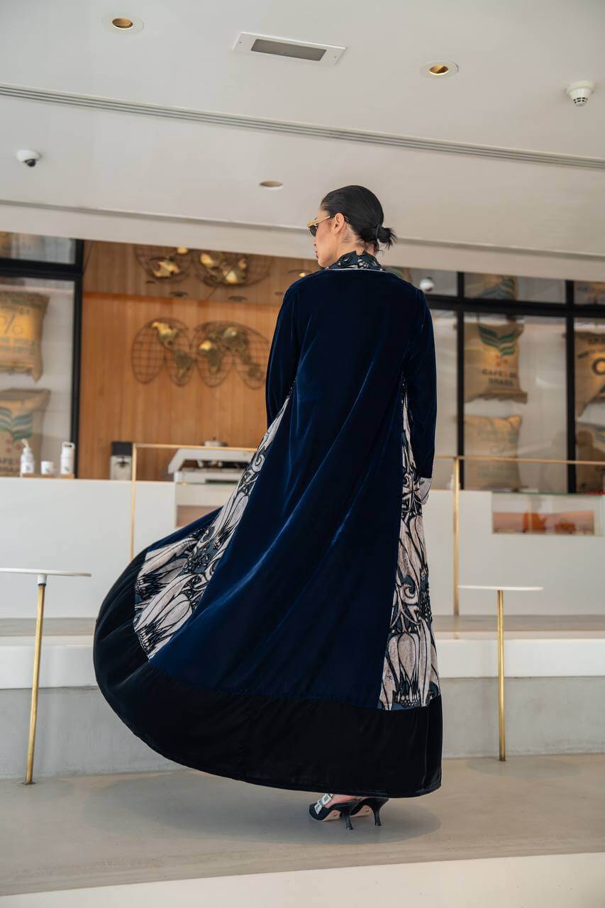 Navy blue Plain velvet abaya with patterned velvet