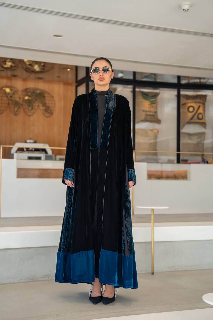 Black and turquoise velvet abaya