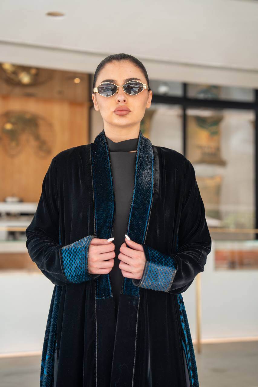 Black and turquoise velvet abaya