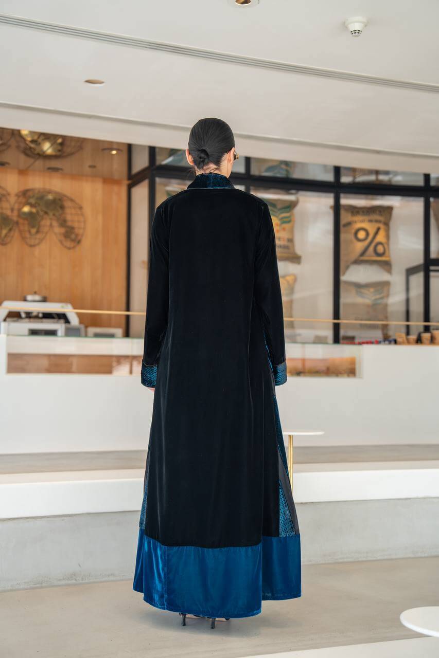 Black and turquoise velvet abaya