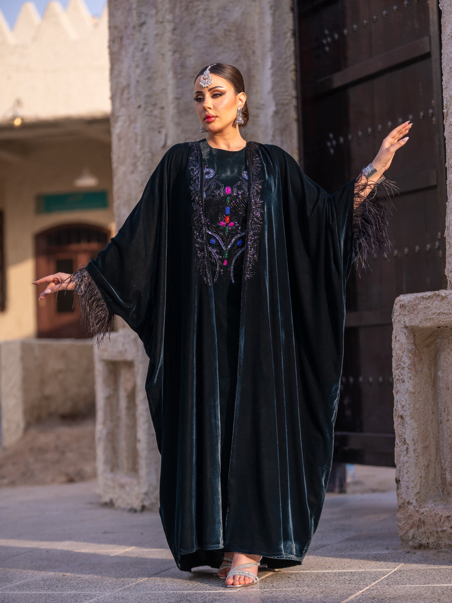 Bisht and dress set in Dark green velvet with hand embellishment