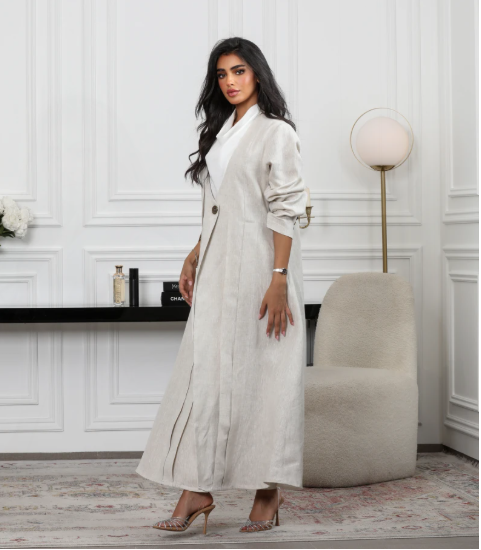 Beige linen blazer abaya C:6489 Beige