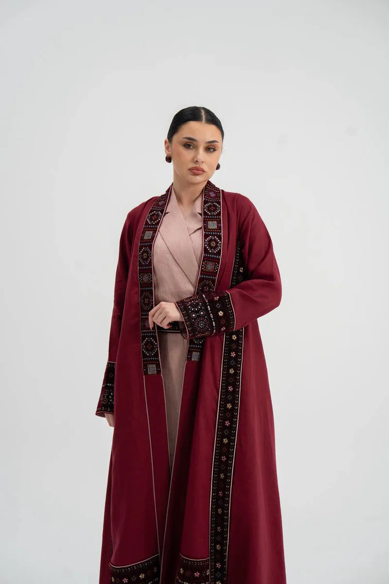 Red linen abaya with embroidery. C:6746