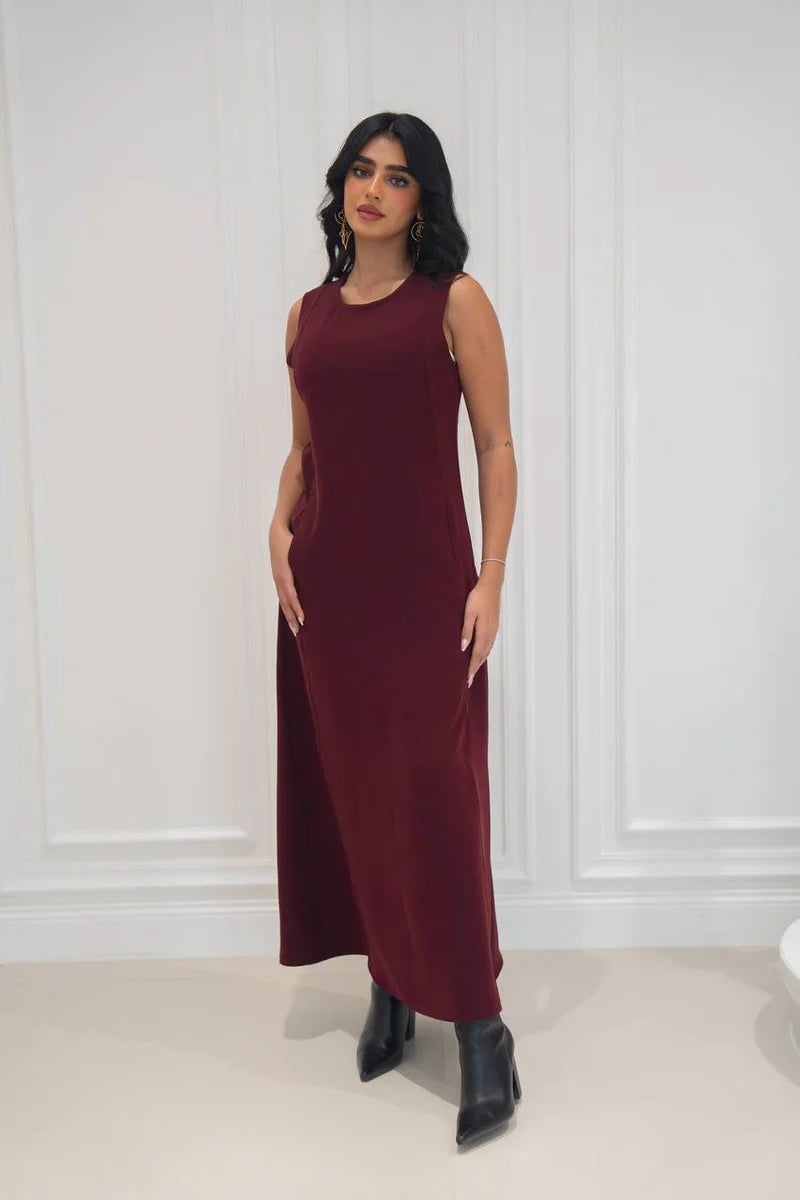 burgundy crepe dress. C:197