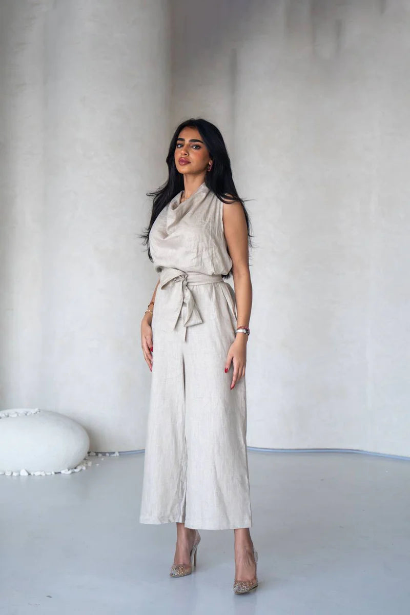 Linen jumpsuit in beige color C:196 Light Beige