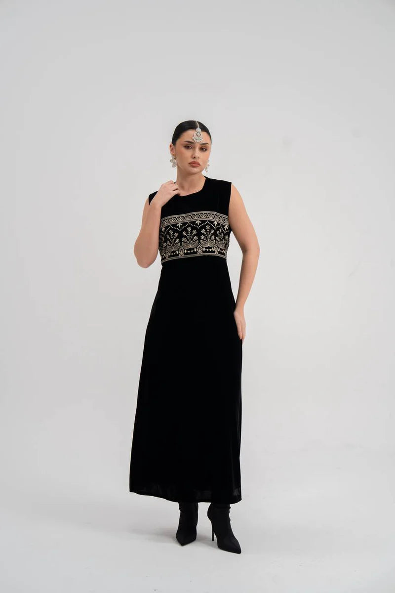 Black velvet dress with embroidery. C:225