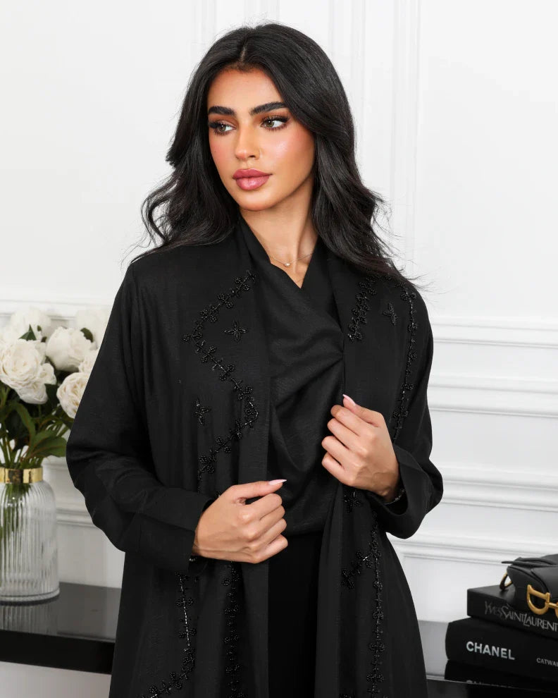 ABAYA BLACK LINEN WITH PEARL 6488 BLACK