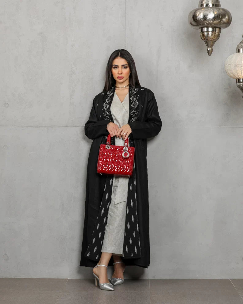 abaya Linen black with handmade embriodry C:6432BLACK