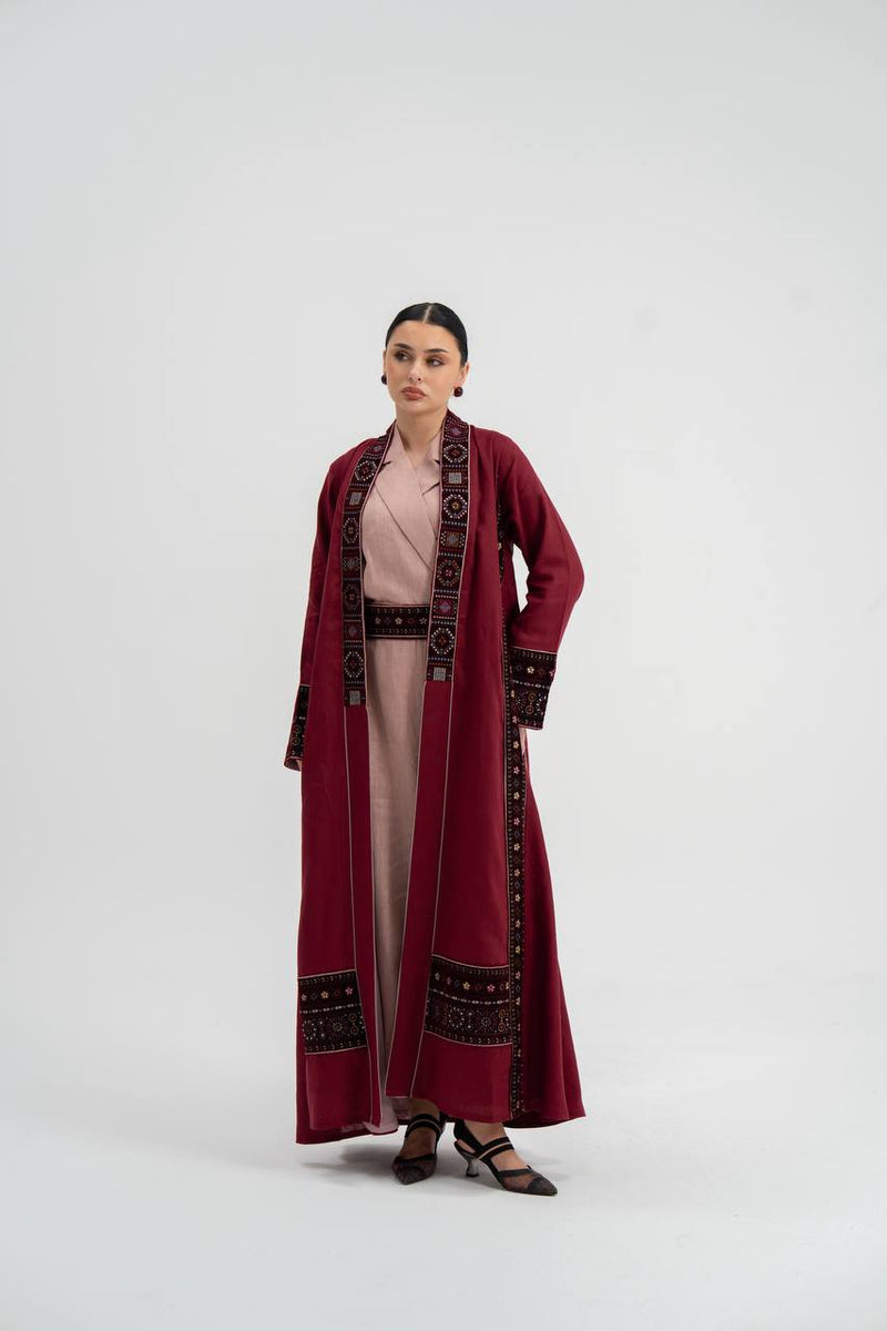 Red linen abaya with embroidery. C:6746