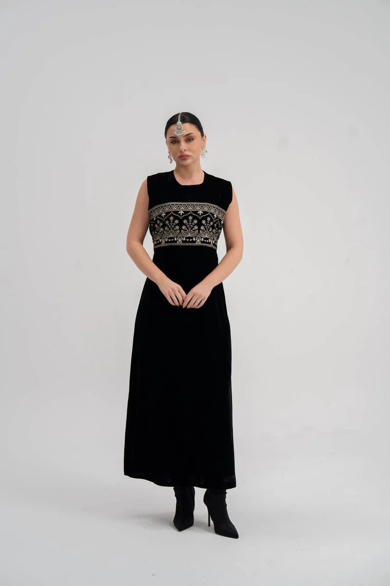 Black velvet dress with embroidery. C:225