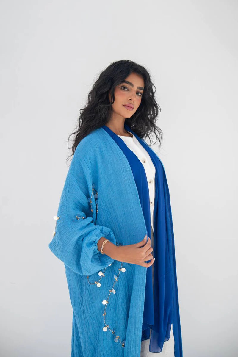 Blue linen abaya with hand embroidery C:6647 (Free size)