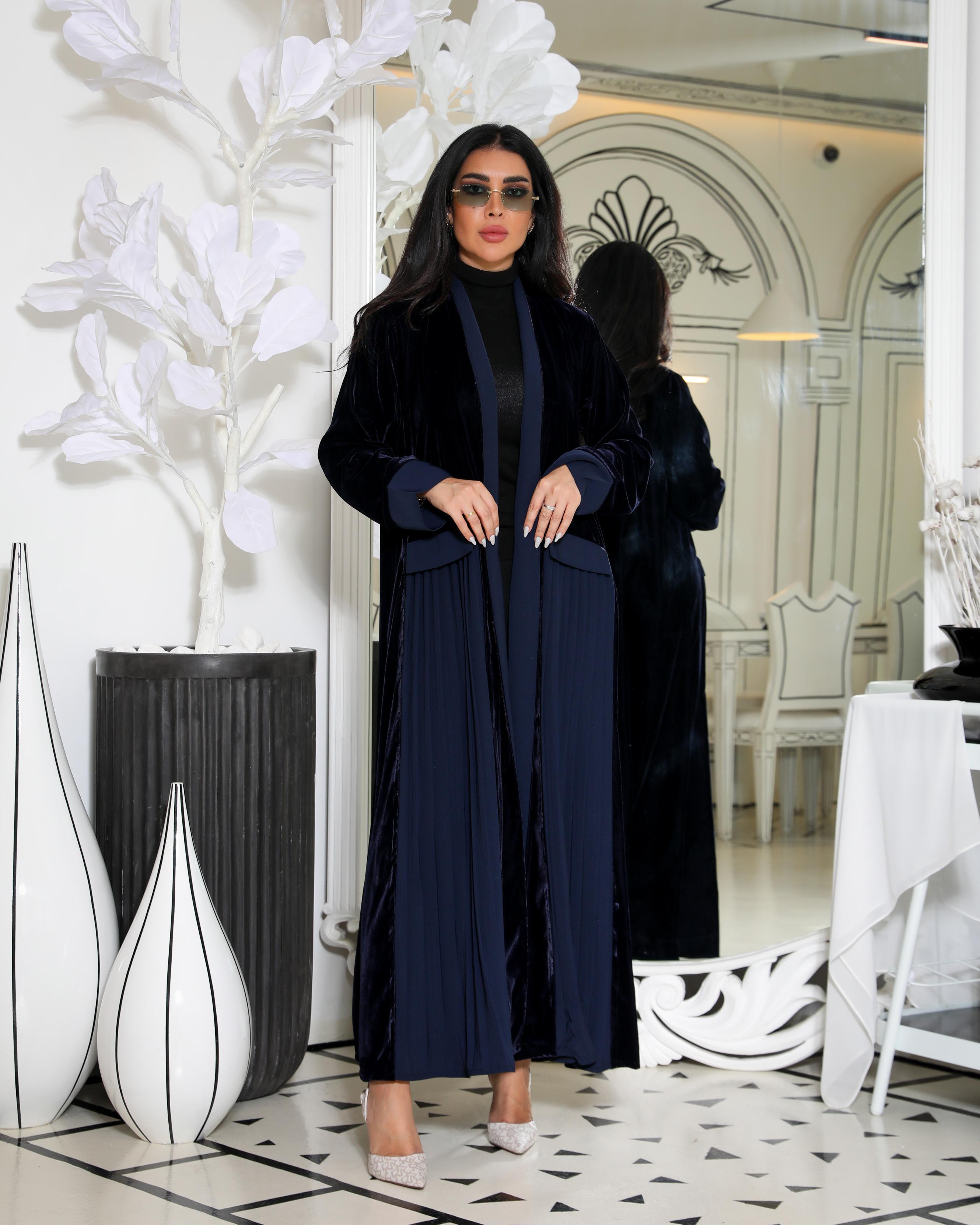 Navy and black velvet abaya  C:6359 DARK BLUE