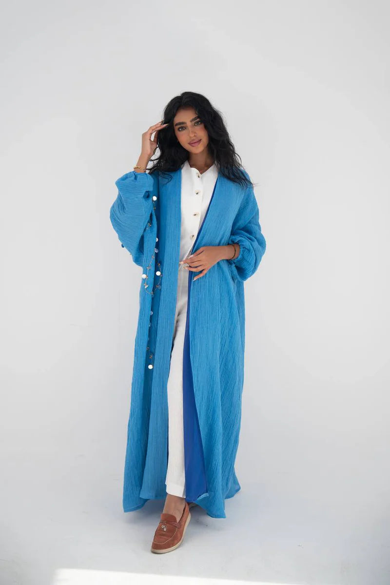 Blue linen abaya with hand embroidery C:6647 (Free size)