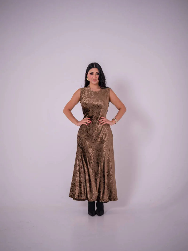 brown stretch velvet dress. C:223 Brown
