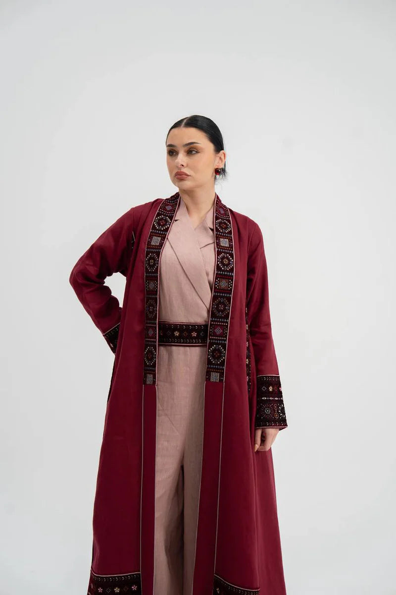 Red linen abaya with embroidery. C:6746