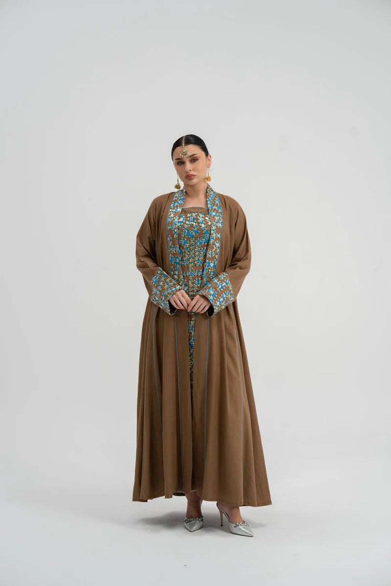 Linen abaya with embroidery (with inner set). C:6743