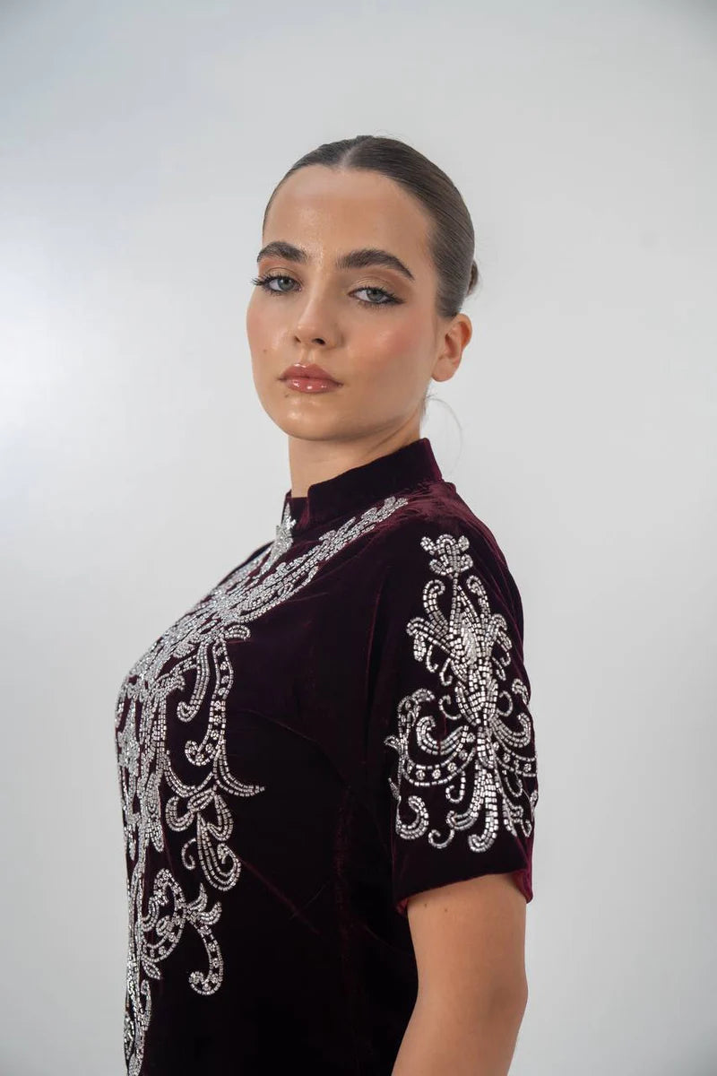 A distinctive burgundy velvet dress with hand embellishment. C:225