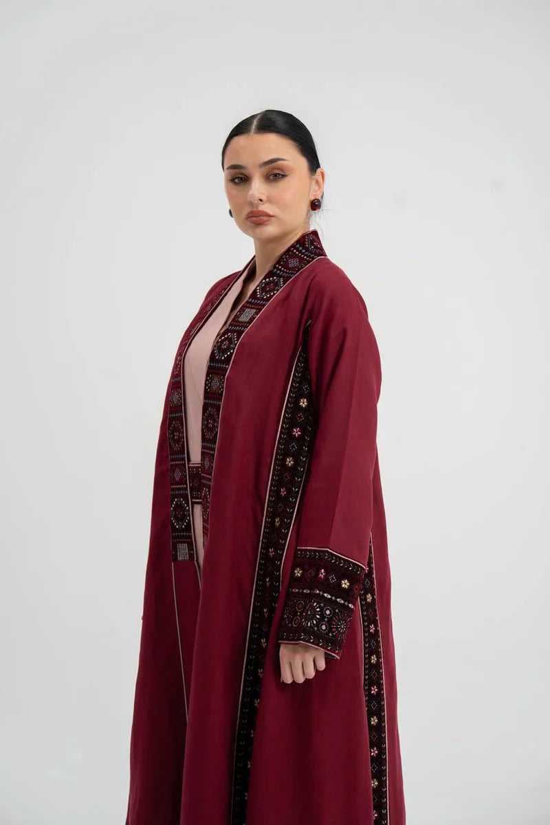 Red linen abaya with embroidery. C:6746